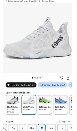 K-Swiss Men's K-Frame Speed Rublo Tennis Shoe Size 9
