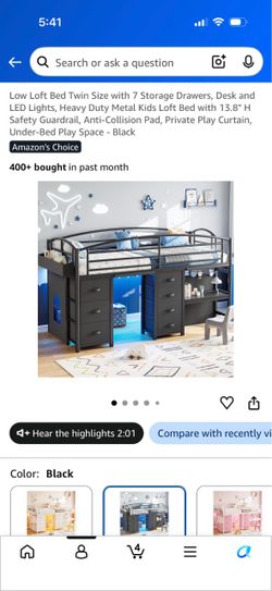 Black Metal Twin Low Loft Bed with Storage and Desk