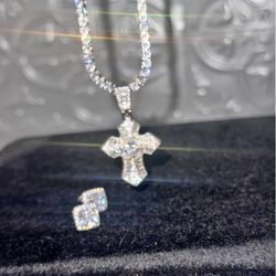 18 k gold plated Cross pendant , 3mm Tennis chain, And Earrings