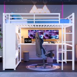 Queen Size Loft Bed Frame with Built-in Wardrobe, Metal Loft Bed with Desk and Storage Shelves, White
