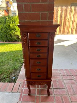 Vintage Solid Wood Cherry Jewelry Armoire Cabinet with Mirror & Storage
