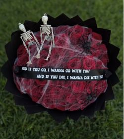 Gothic Red Rose Bouquet with Skeleton Decor