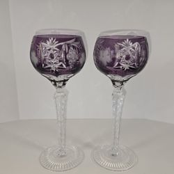 Vintage Pear Of Bohemian Hand Cut To Clear Wine Glasses