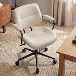 Mid Century Modern Office Chair with Adjustable Backrest, Wooden Desk Chair with Armrests, Swivel Height Adjustable Home Office Chair, Comfortable Tas