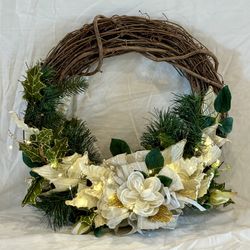Grapevine Christmas Wreath, Winter Holiday Wreath, Cream and Gold Decor, w/ Lights, 19" (LIKE NEW)