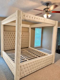 🔥 Brand New Cream Luxury Upholstered Tufted King & Queen Size Canopy Bed Frame - Mattress | BT Speakers, USB & Type-C Charging | PAY AFTER 🚚