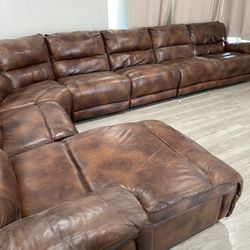 Brown Leather Reclining Sectional 