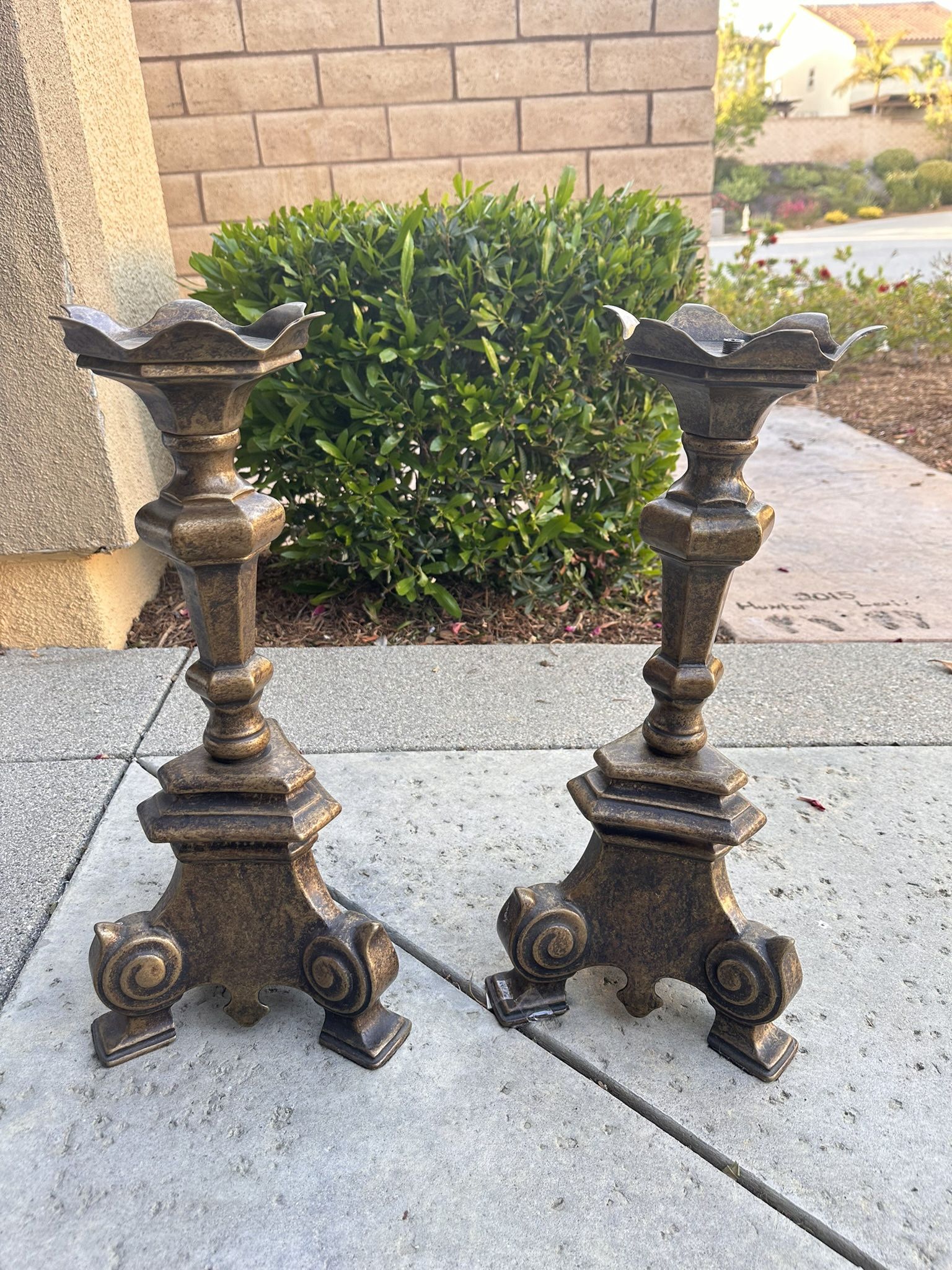 Pair of Imported Italian Vintage 20” Bronze Ornate Candle Holders