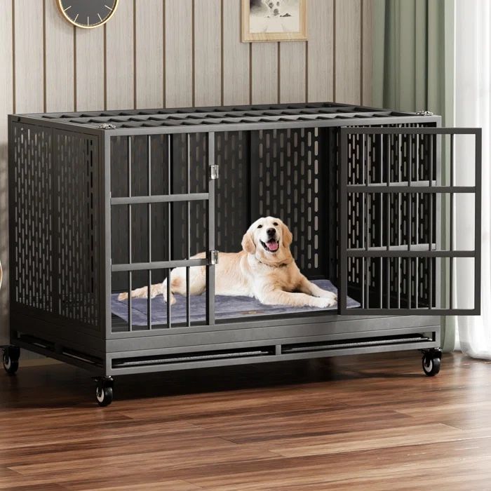 RERORD 48 Inch Heavy Duty Dog Crate With Wheels, Folding Metal Big Dog