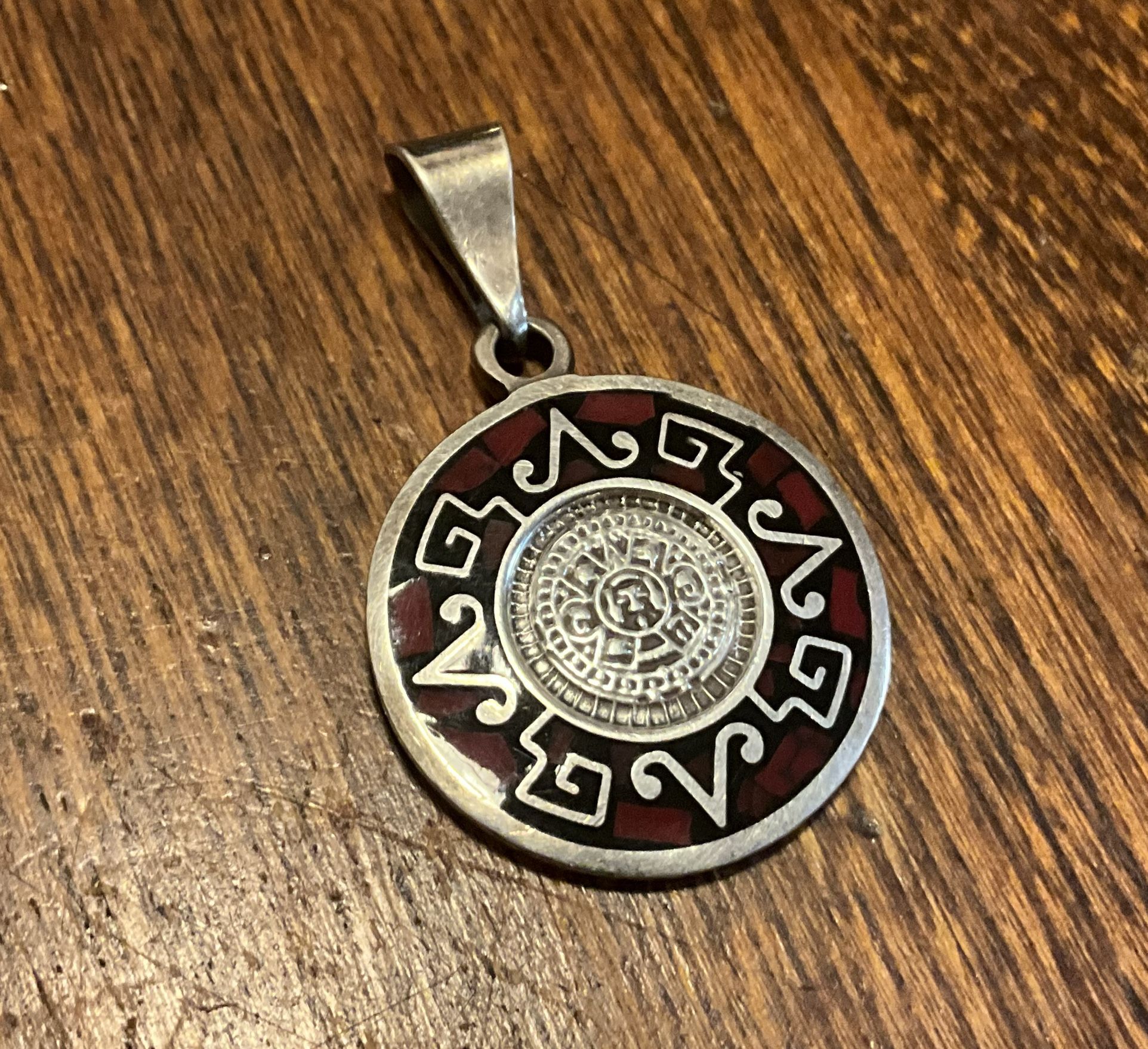 Sterling Silver, Aztec Calendar, Pendant, Red and Black Inlaid  Stones