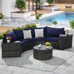 Outdoor Patio Furniture 7-Piece Half-Moon Sectional Round Patio Furniture Set Sofa with Tempered Glass Round Coffee Table