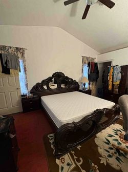 Ornate Dark Wood Queen Bed – Mirrored Shell Headboard