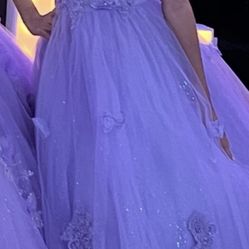 Girls Dress Size 12 Lavender With Butterfly's And Off The Shoulder With Straps Comes With Crinoline Under For More Volume It's Also Removable   