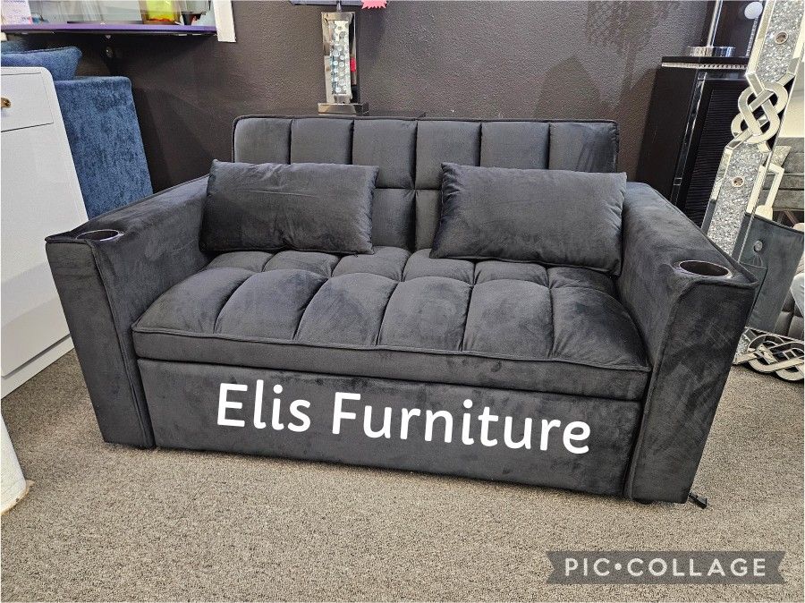 New Sofa Pull Out Bed Futon Black Velvet With Cup Holder & USB Outlet $389