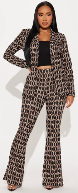 Geometric Print Blazer and Flare Pants Set