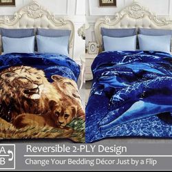 Brand New - Korean Faux Mink Fleece Blanket 75"x87", Queen, Lion/ Dolphin, 520GSM Silky Soft Plush