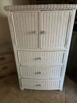 White Wicker Dresser with Doors and Drawers