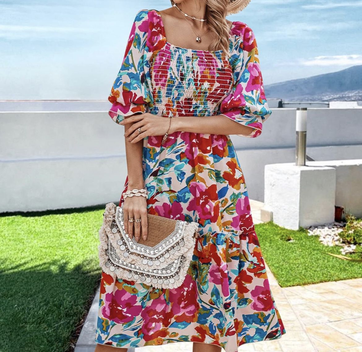 New Women’s Summer Dress  Smocked Colorful Bohemian Square Neck Lantern Sleeves  Long Dress Beach Sundress Polyester material  Size Small / Medium