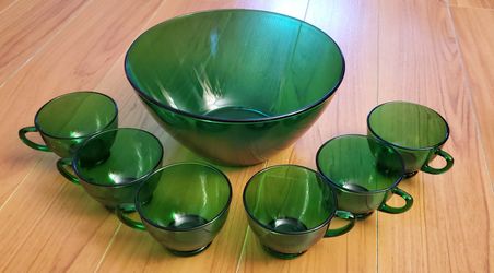 Anchor Hocking Forest Green Glass Bowl And 6 Cup Set