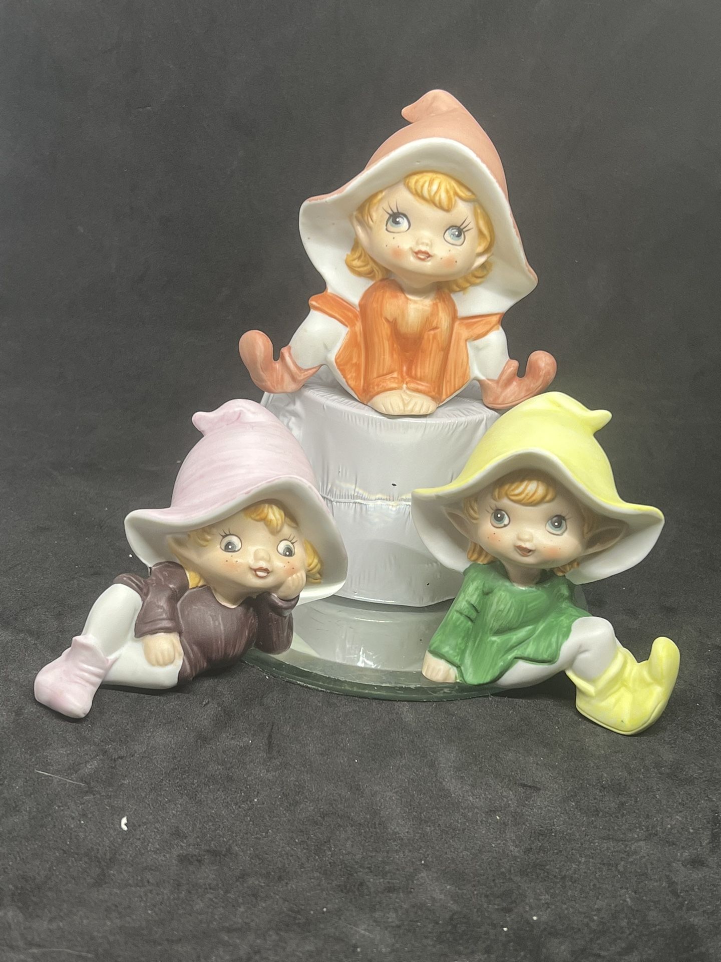 Homco Elf Pixies Fairies Porcelain Set of 3 Figurines Fairy Garden 1970s Vintage