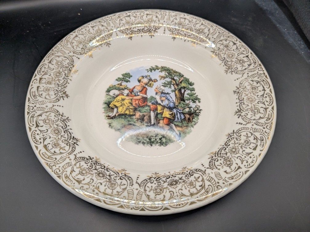 Vintage Sebring Chantilly Victorian Scene Courting Couples 22 K Gold Inlay 8" Collectors Plate, 1940s