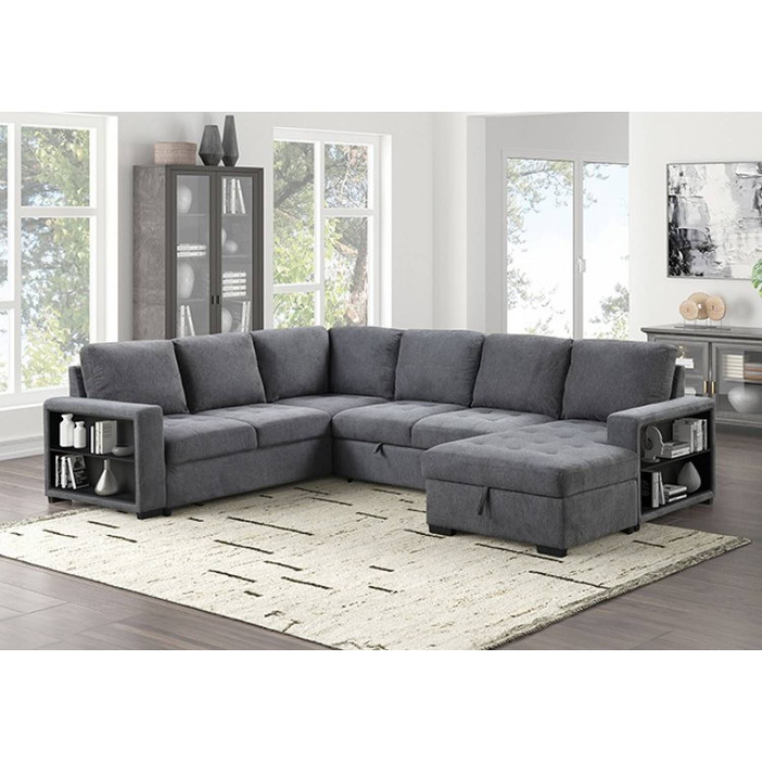 New Sectional With Pullout Bed/ Chaise Storage. Beige Or Grey Fabric. 128x99Dx40H. Free Delivery!