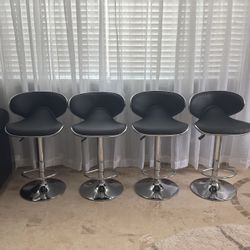 Set Of 4 Modern Swivel Adjustable Black Leather Bar Stools