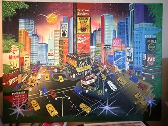 Original 24x32 Times Square Folk Art Painting – Vibrant NYC Cityscape