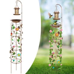 Metal Solar Bird Bath & Feeder with Garden Trellis for Climbing Plants Outdoor with Decorative Butterflies Hummingbird Antique Iron Garden Plant 71”