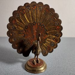 Old Brass Lacquer Handcrafted Inlay Engraved Peacock Figurine