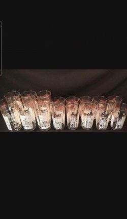 1950s Anchor Hocking glassware Gold n White Pennsylvania Dutch Collection. Tall Tumblers and Juice Glasses.  Antique classics.  SEE FULL AD BELOW