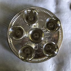 Set Of 5 Little Metal Silver Cups With Small Tray