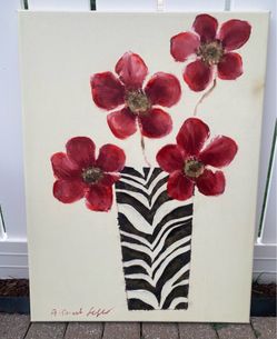 🌺🍃Floral Canvas Painting & Beautiful Red Vase