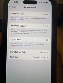 Apple iPhone 15 pro 100% Battery, 45 Cycles