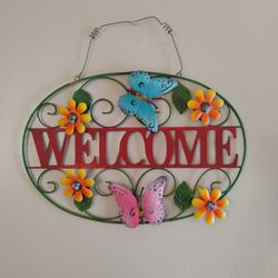 Welcome Iron Floral Butterfly Sign 