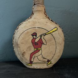 Vintage Handmade Leather Flask. 8”x6”. Baseball. Spanish. Pre Owned.