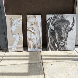 3 Neutral Animal Canvas Wall Art – Giraffe, Elephant, Bison