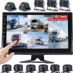 5 Channel Dash Cam 1080P Backup Camera System DVR, RV, Truck, Trailer, Van, SUV, Car, 10.1 Inch 5 Split Parking Monitor Wireless Carplay Android Auto