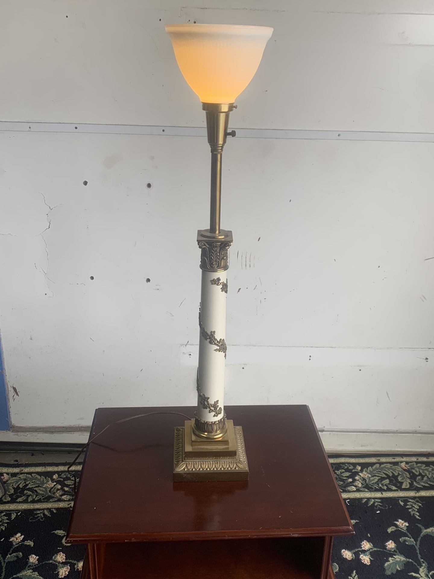 Antique White Pillar Lamp With Brass Base And Accents