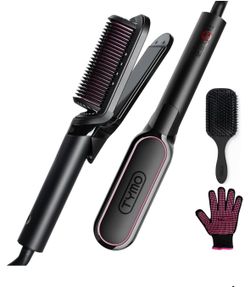 TYMO Flat Iron Hair Straightener Brush 2 in 1, 200M lons Ceramic Hot Comb Hair Straighteners for Women, Hair Iron for Anti-Frizz Straights, Waves, Cur