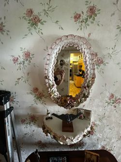 Flawless Vintage Italian Capodimonte Porcelain Oval Mirror & Matching Console Shelf Set