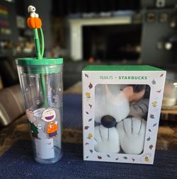 Starbucks Peanuts Fall Collection Tumbler and Snoopy Plush Set
