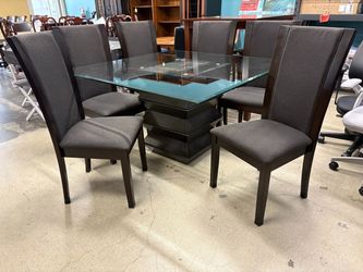 Modern Geometric Glass Top Dining Table w/ 6 Dark Grey Upholstered Chairs