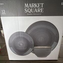 Market Square Stoneware Dinnerware Set 12 Pieces Gray, Plate, Bowl, Salad