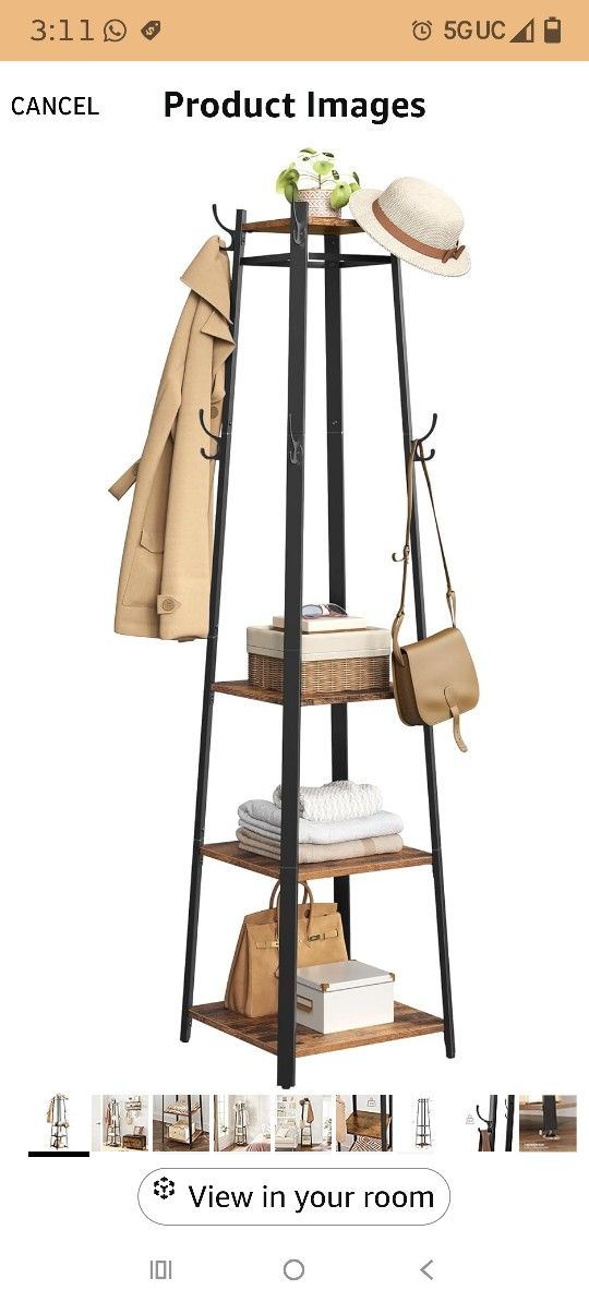 Coat Rack, Coat Stand with 3 Shelves, Hall Tree Free Standing with Hooks for Scarves, Bags, Umbrellas, Steel Frame, Industrial Style, for Entryway, Li