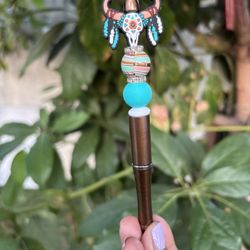 Boho Turquoise Beaded Pen with Tribal Skull Charm