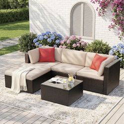 Devoko 5-Piece Patio Sectional Set – Wicker, Cushions & Glass Table