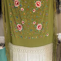 Vintage 100% Genuine Chinese Silk Embroidered Shawl. Silk material is 37” x 41”. Fringe on all 4 sides is 17”.