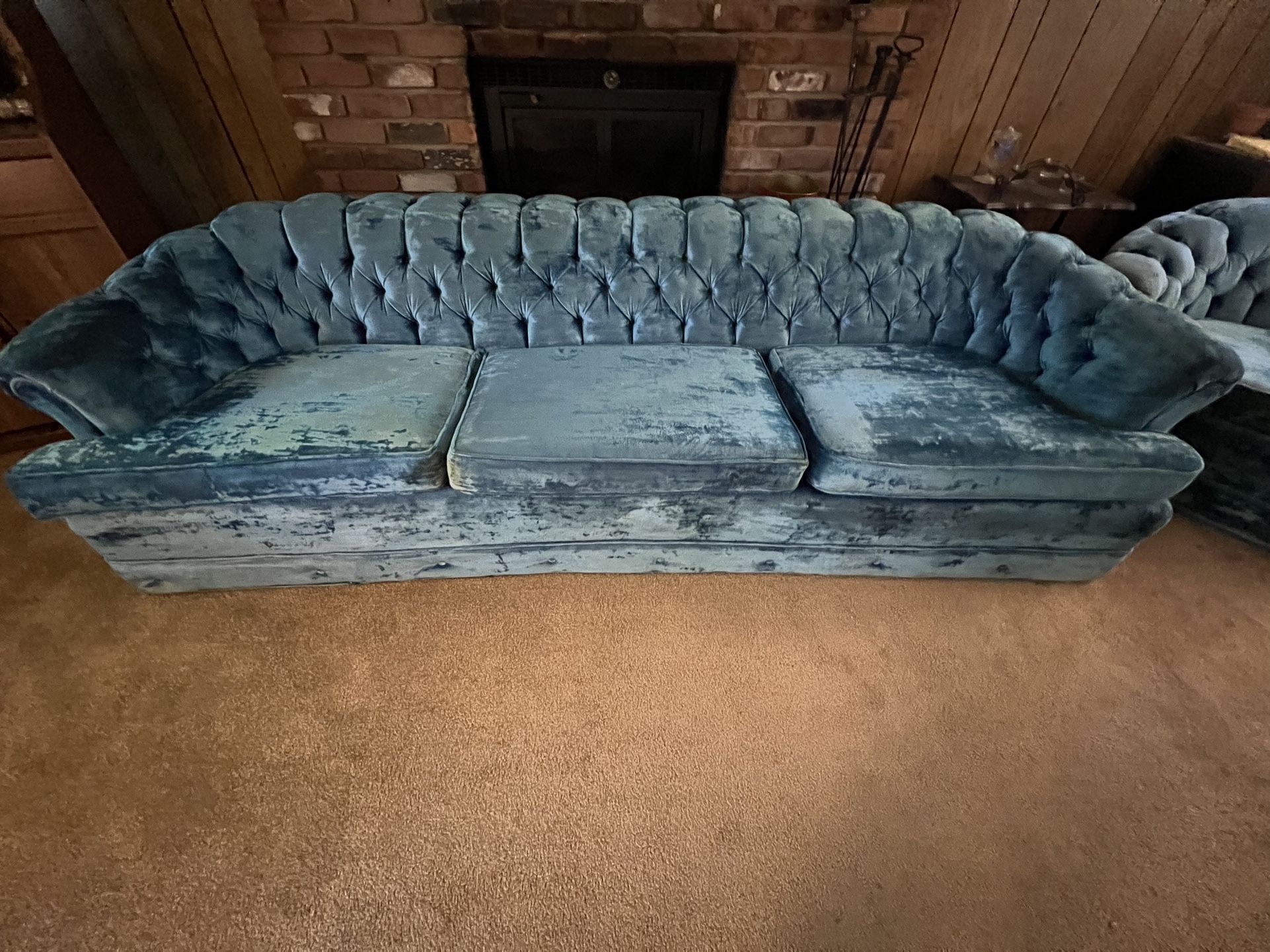 Vintage Mid Century Sofa Set Blue Velvet