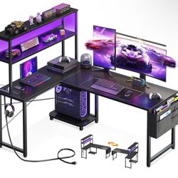 43/53 Inch L-Shaped Gaming Desk with LED Lights & Power Outlet – Black